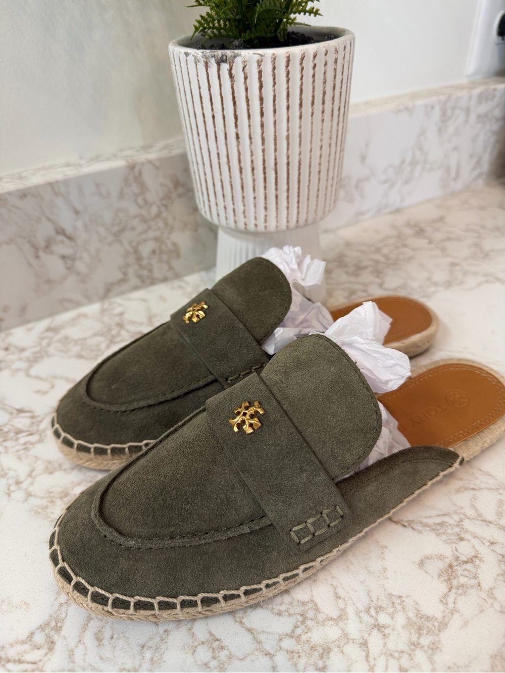 Tory Burch Olive Green Suede Espadrille Slip On Loafers with Gold Logo